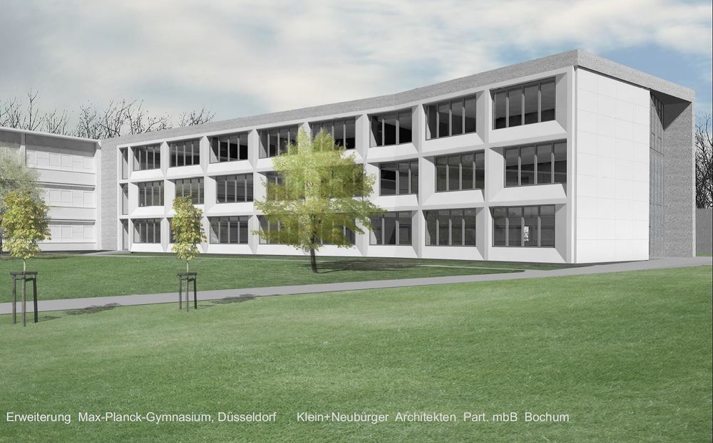 Die Animation zeigt, wie der Erweiterungsneubau des Max-Planck-Gymnasiums einmal aussehen soll. (Animation: Landeshauptstadt Düsseldorf)