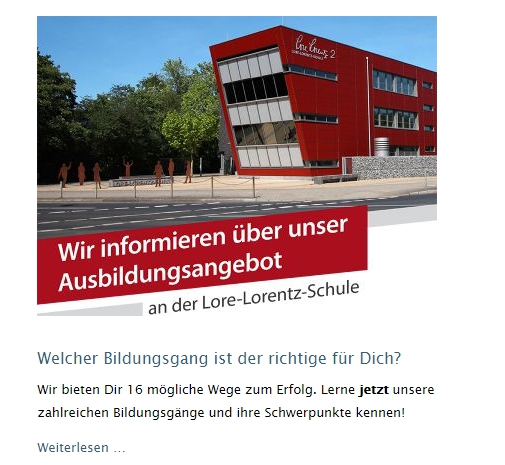 Auf der Homepage der Lore-Lorentz-Schule gibt es ein multimediales Informationsangebot über Schule und Bildungsgänge. (Bild: Screenshot Lore-Lorentz-Schule)