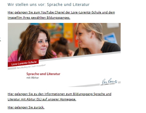 Zu jedem der 16 Bildungsgänge gibt es einen multimedialen Überblick. Bei "Sprache und Literatur" und vielen anderen auch Videos, die die Schüler*innen selbst gedreht haben. (Bild: Screenshot Lore-Lorentz-Schule)