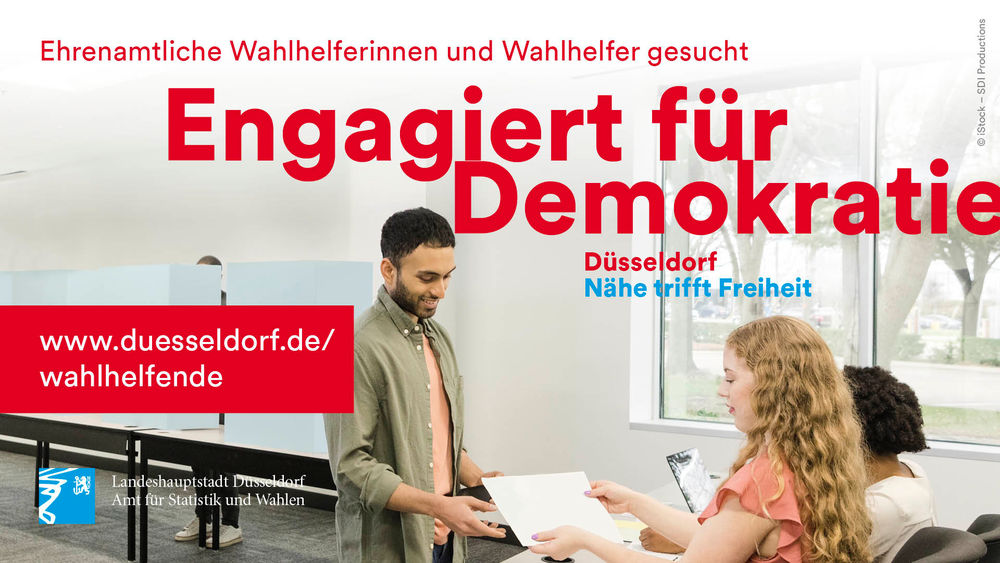 Für die Wahl zum Europäischen Parlament am 9. Juni 2024 werden noch Freiwillige gesucht, die dem Amt für Statistik und Wahlen helfen. (Grafik: Landeshauptstadt Düsseldorf)