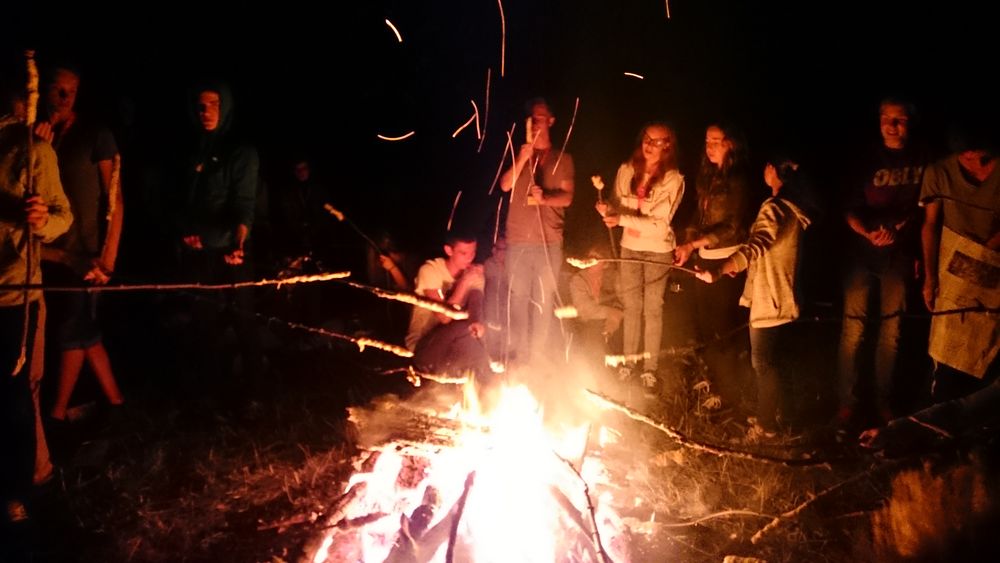 Lernen und Freizeit - Teilnehmer der Deutschen SchülerAkademie beim Lagerfeuer. (oliverm.de)